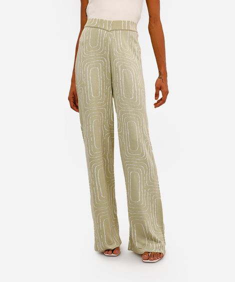 calça wide leg feminina de tricot geométrica vivi olimo verde