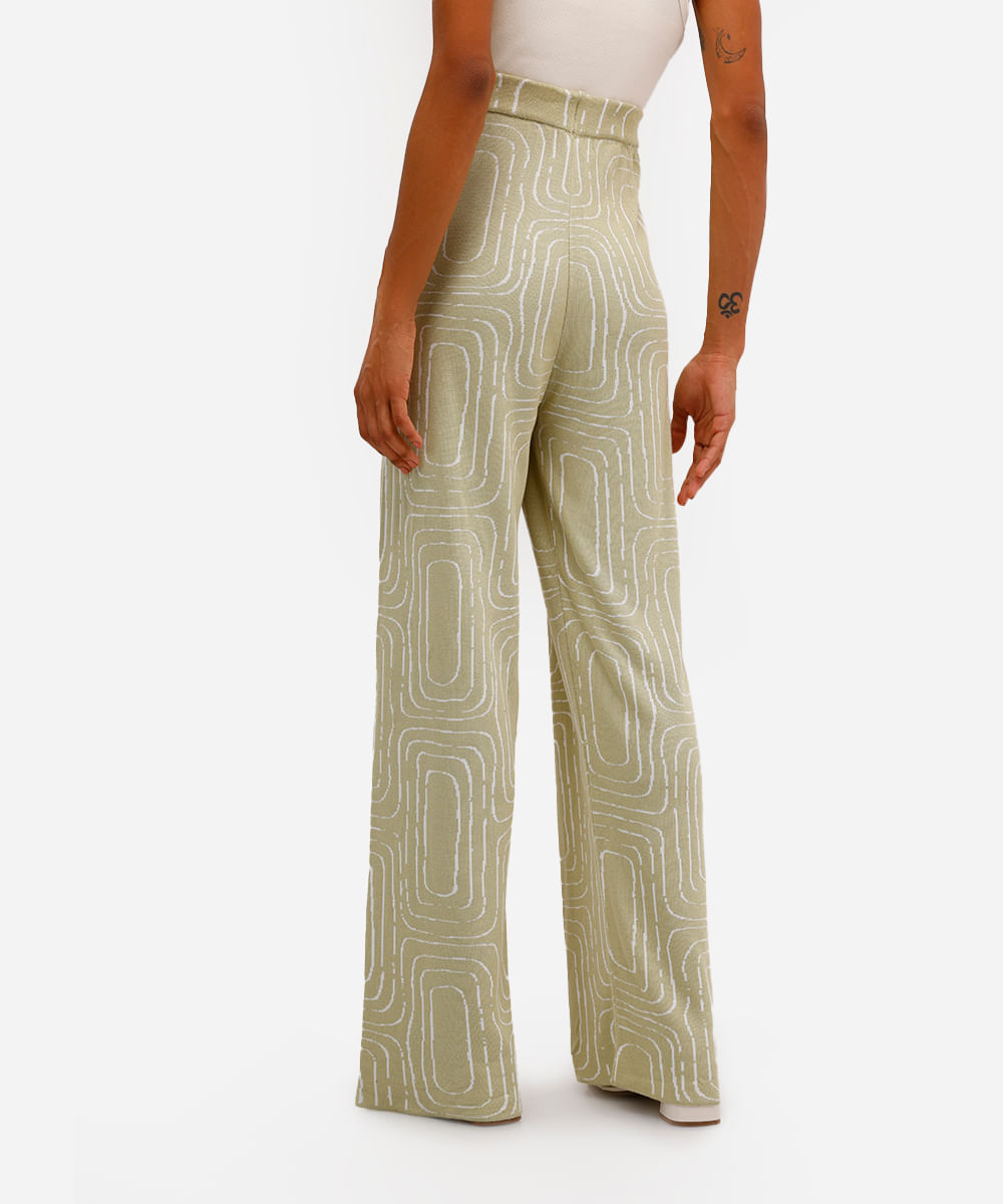 calça wide leg feminina de tricot geométrica vivi olimo verde