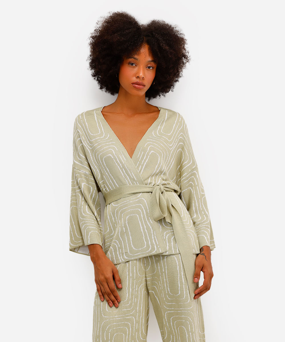 kimono feminino de tricot geométrico vivi olimo verde