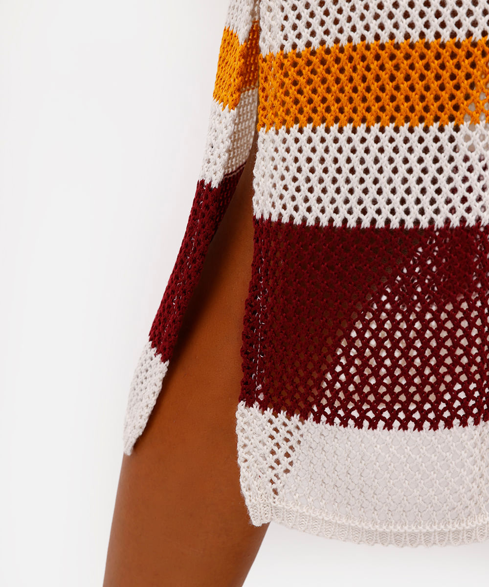 saia midi feminina de tricot com fendas listrada vivi olimo bege