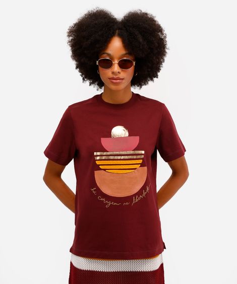 camiseta feminina de algodão estampada com bordado vivi olimo vinho