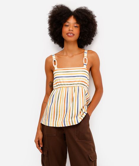 bata feminina de algodão decote quadrado listrada vivi olimo bege