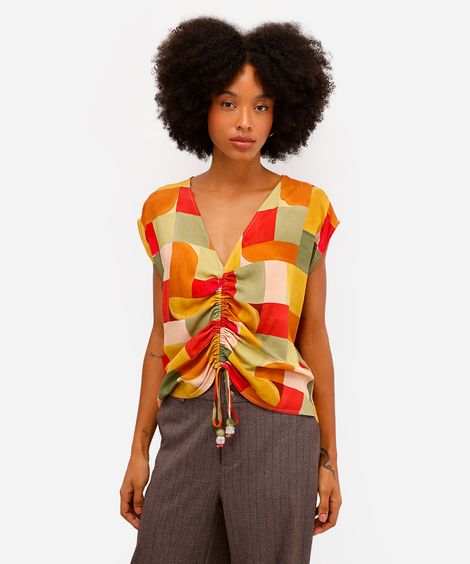 blusa feminina de viscose decote v geométrica vivi olimo amarela