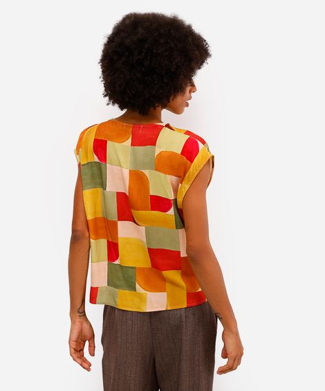 blusa feminina de viscose decote v geométrica vivi olimo amarela