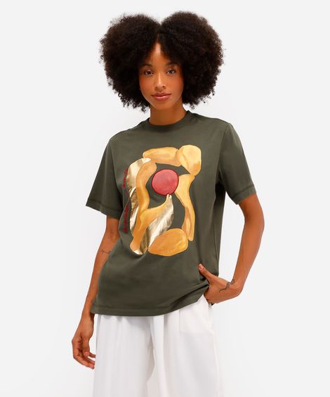 camiseta feminina de algodão estampada metalizada vivi olimo verde