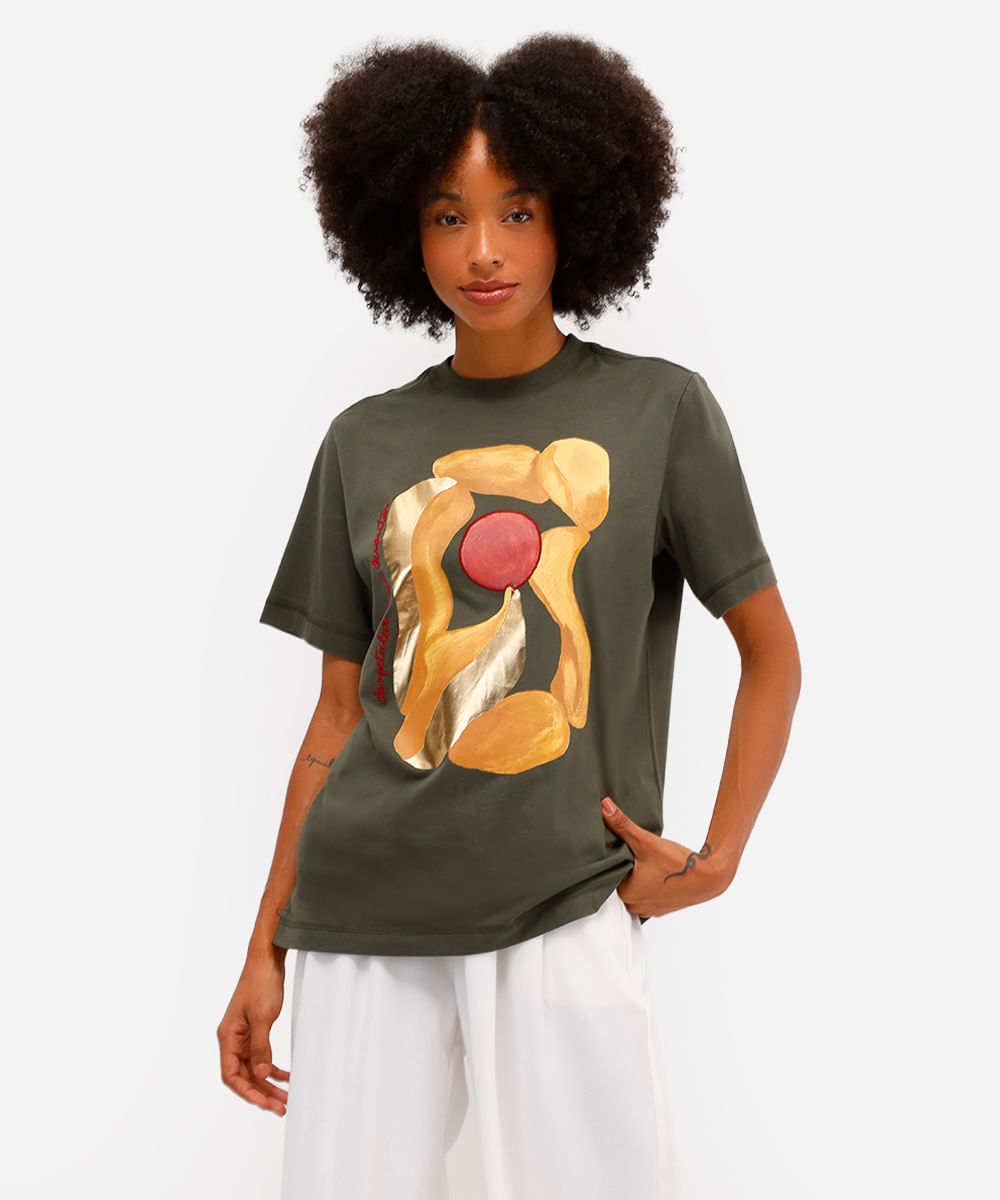 camiseta feminina de algodão estampada metalizada vivi olimo verde