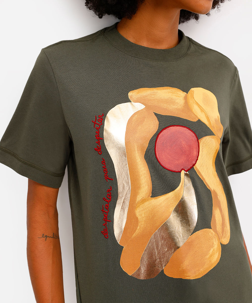 camiseta feminina de algodão estampada metalizada vivi olimo verde