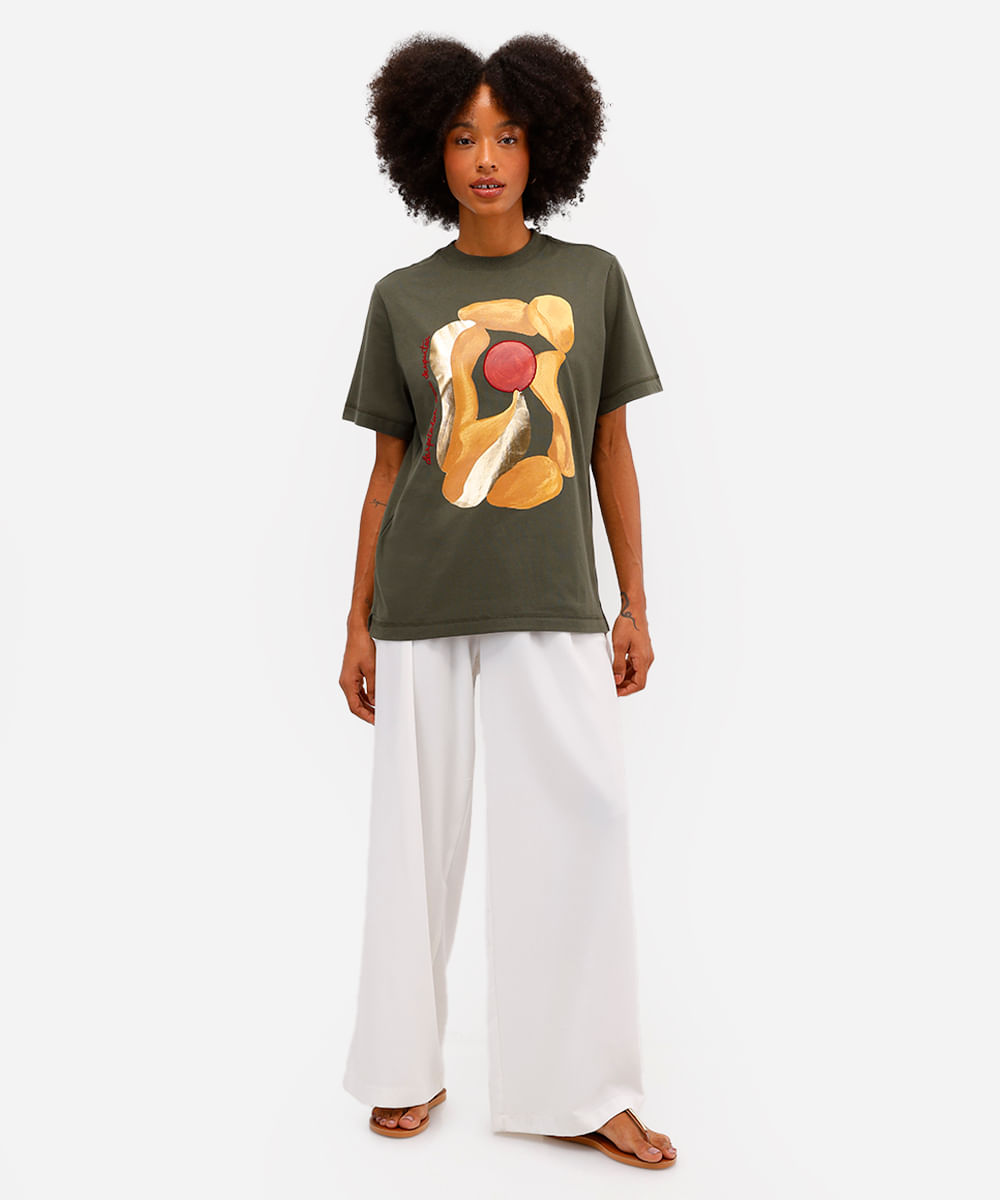 camiseta feminina de algodão estampada metalizada vivi olimo verde