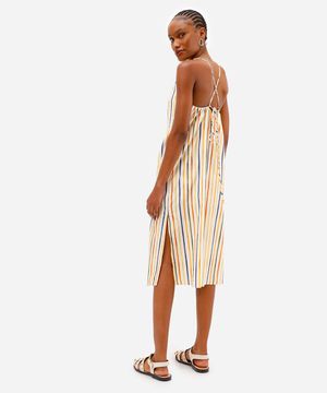 vestido midi feminino de algodão com fendas listrado vivi olimo bege