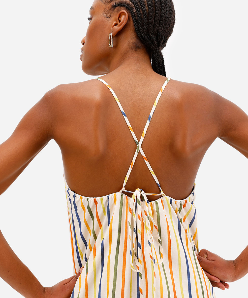 vestido midi feminino de algodão com fendas listrado vivi olimo bege