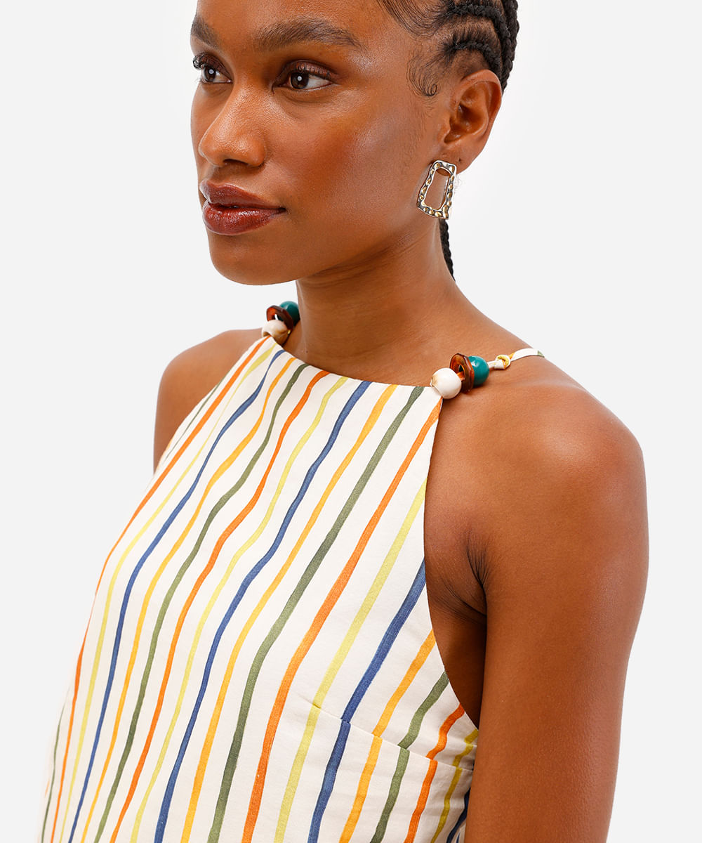 vestido midi feminino de algodão com fendas listrado vivi olimo bege
