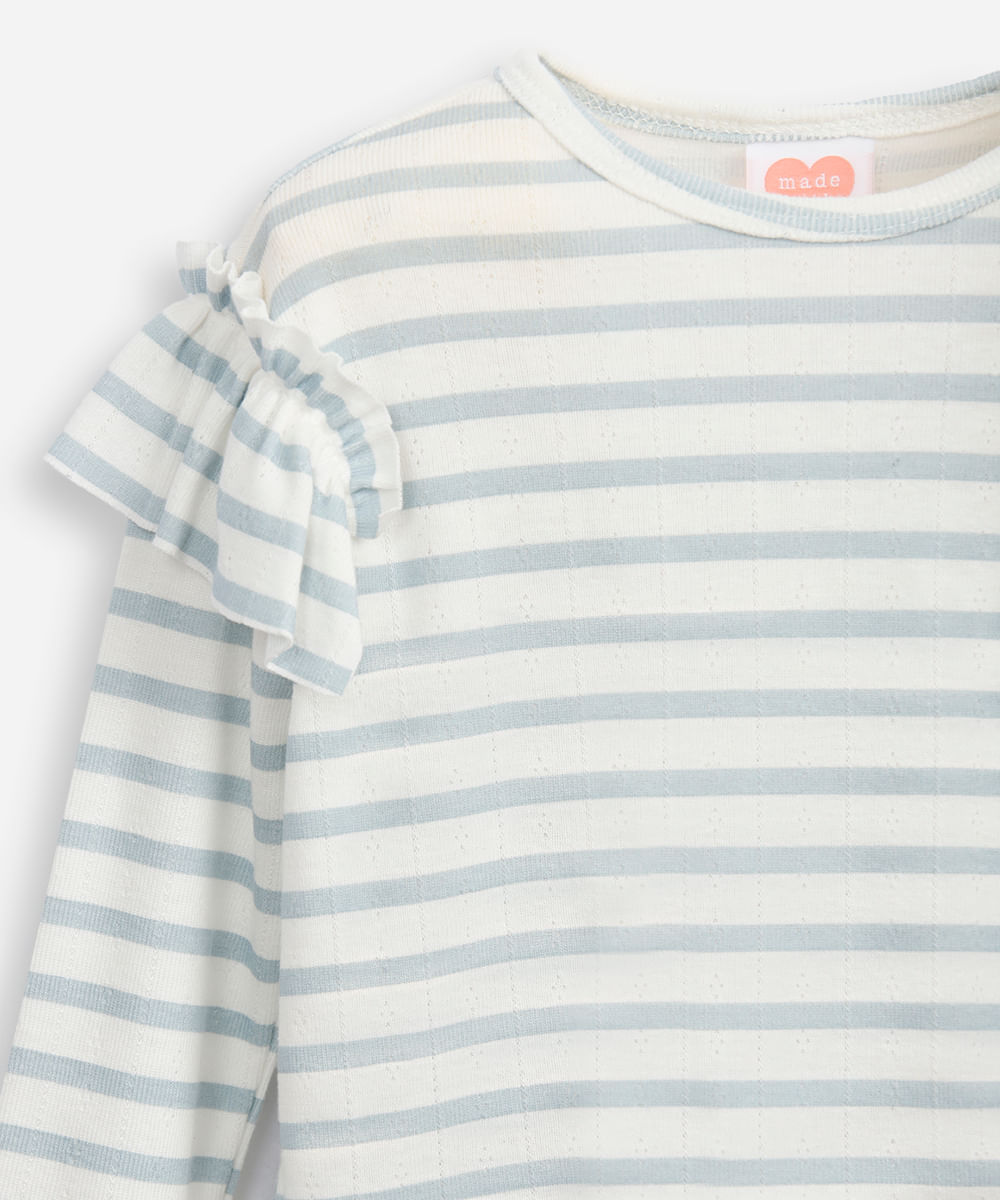 blusa infantil manga longa com babado listrada azul