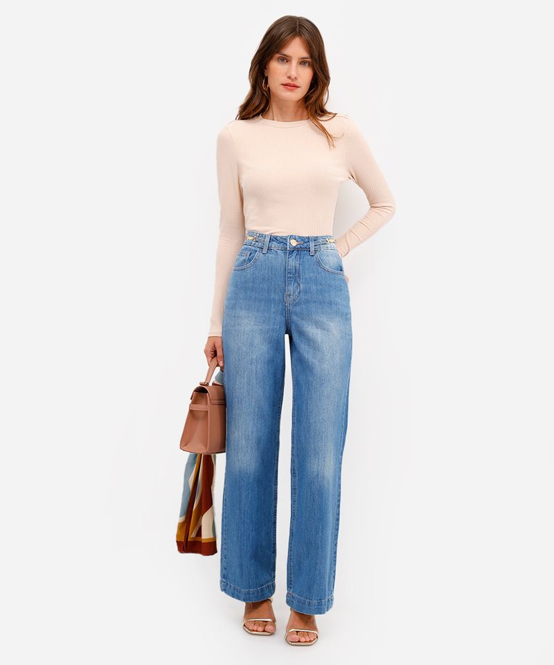 calça wide leg feminina jeans com fivela no cós azul