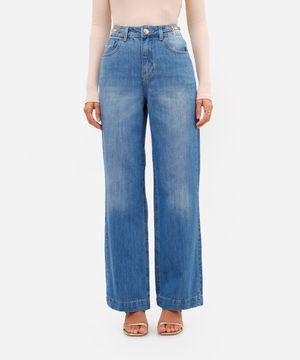 calça wide leg feminina jeans com fivela no cós azul