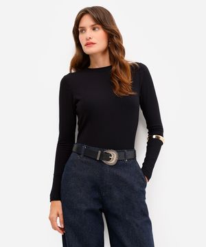 blusa feminina de viscose manga longa canelada preta