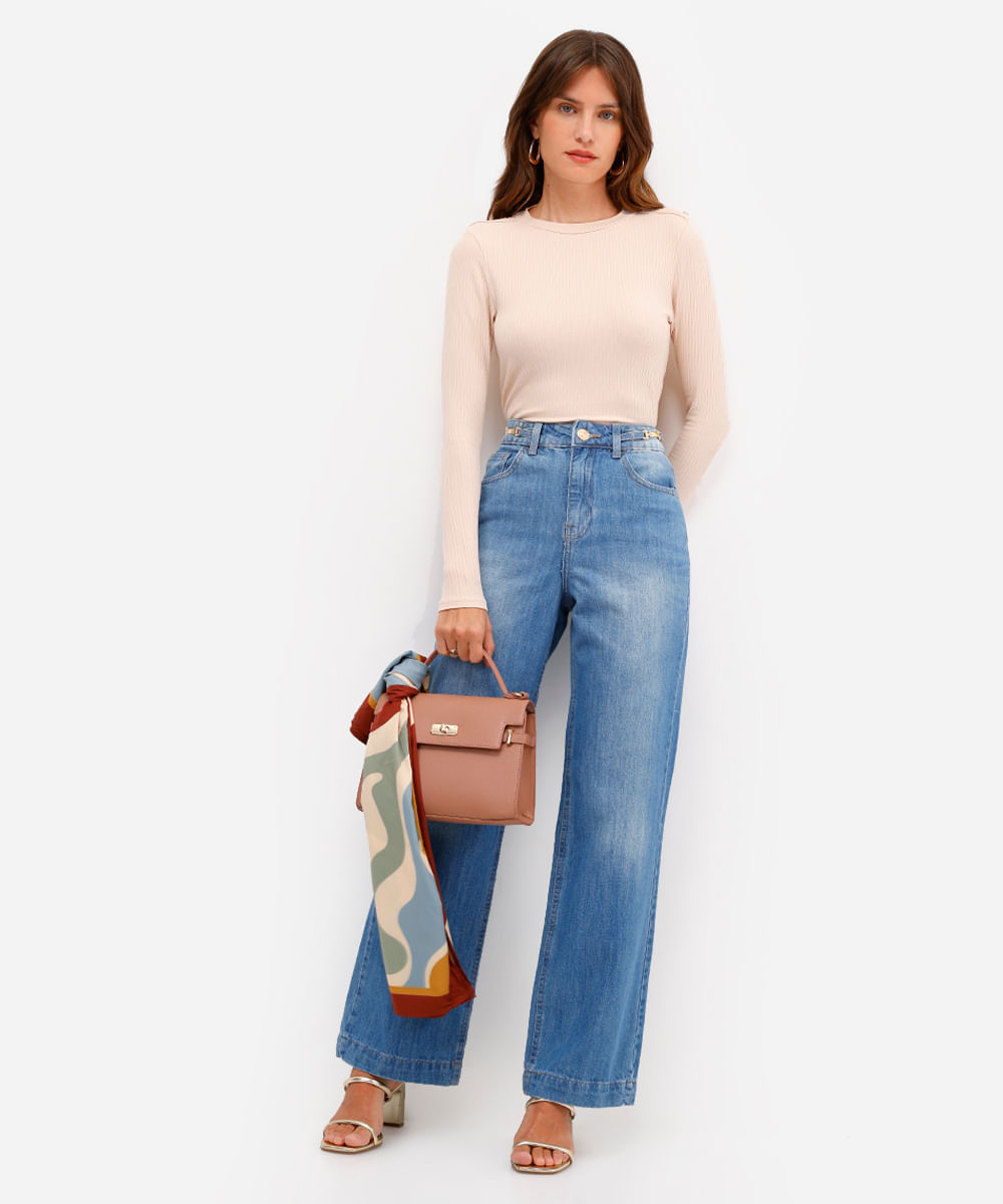 blusa feminina de viscose manga longa canelada bege