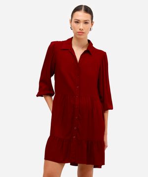 vestido chemise midi de viscose manga bufante vinho
