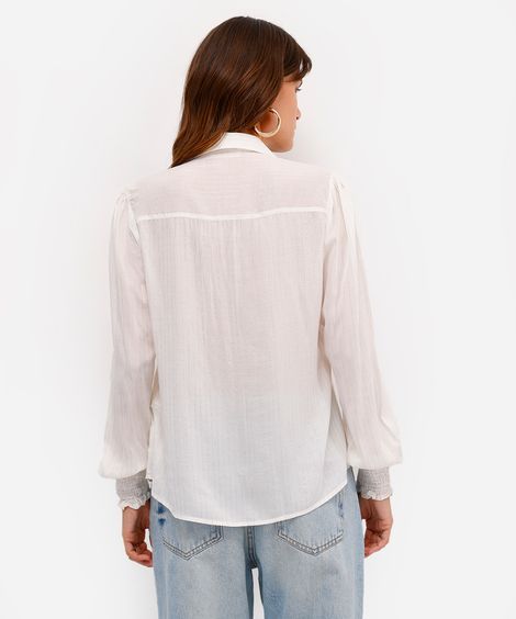 camisa feminina de viscose com lurex manga longa listrada off white