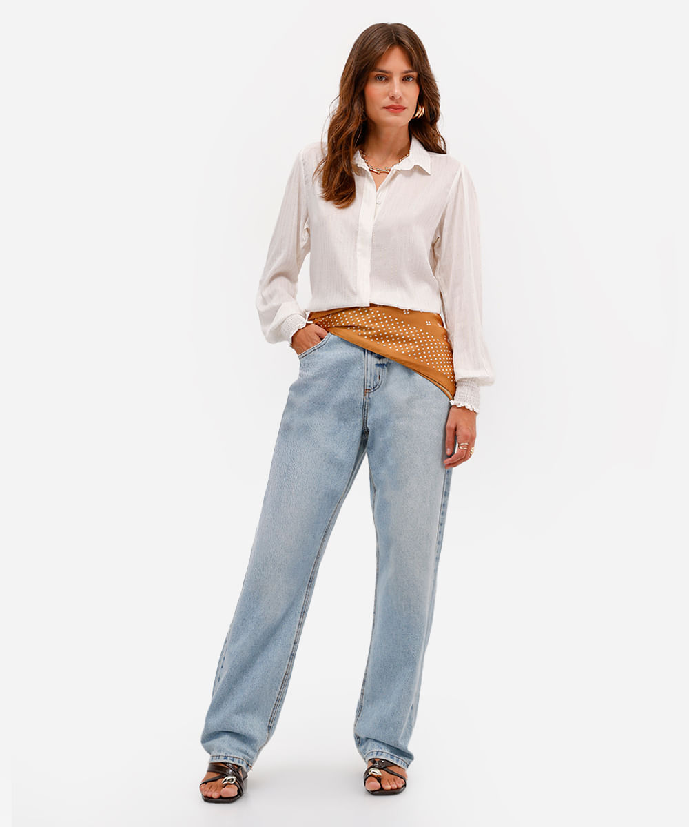 camisa feminina de viscose com lurex manga longa listrada off white