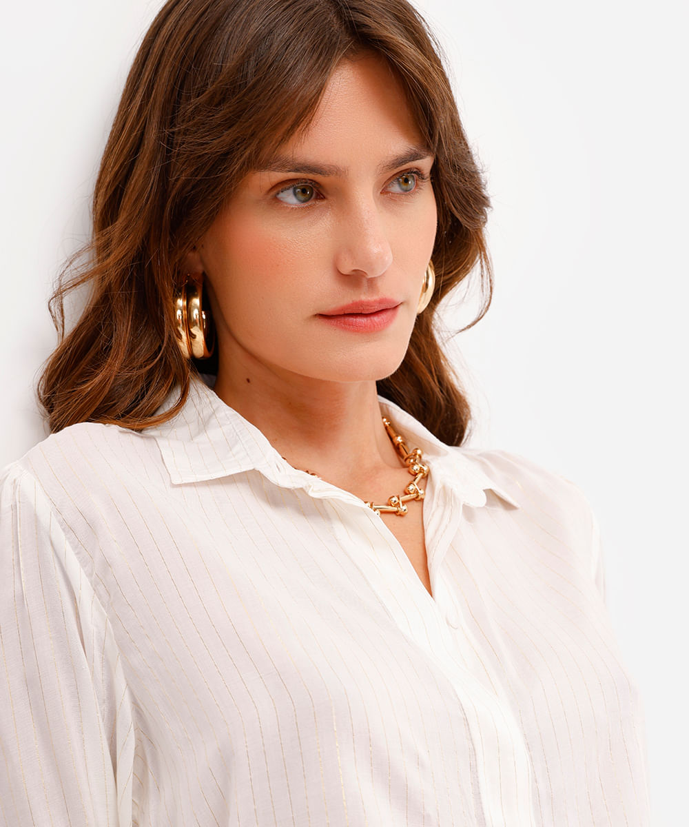 camisa feminina de viscose com lurex manga longa listrada off white