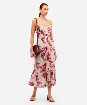 vestido midi feminino de viscose alça fina floral bege