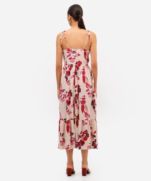 vestido midi feminino de viscose alça fina floral bege