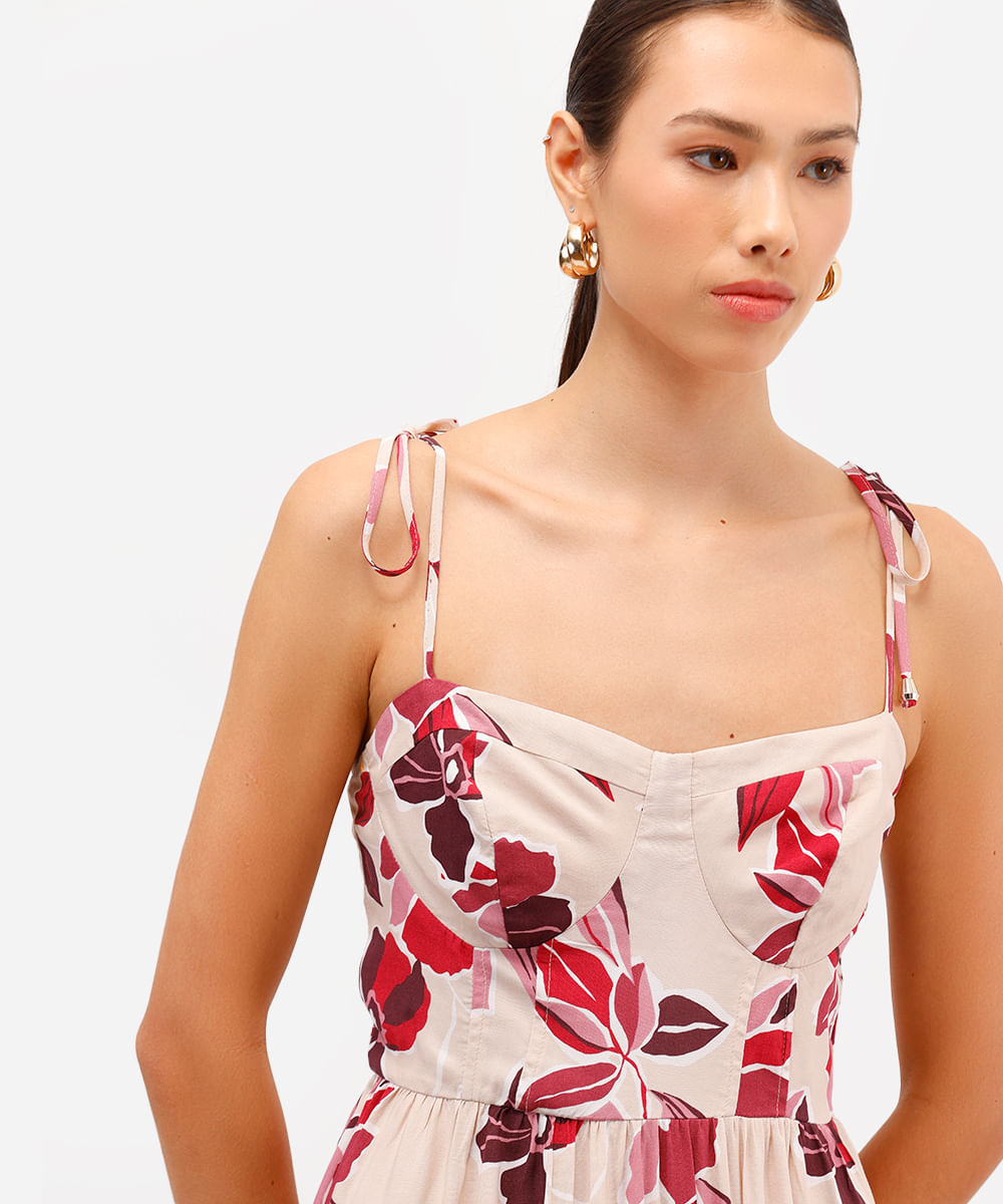 vestido midi feminino de viscose alça fina floral bege