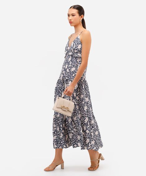 vestido midi feminino de viscose alça fina com babado floral azul