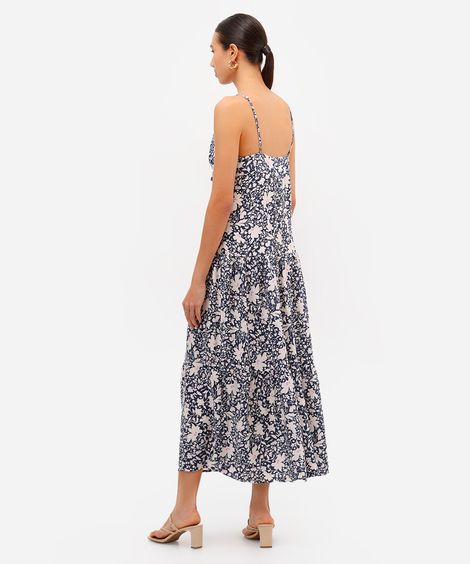 vestido midi feminino de viscose alça fina com babado floral azul