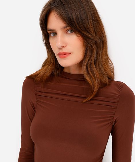 blusa feminina manga longa franzida marrom