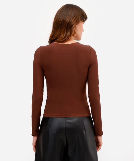 blusa feminina manga longa franzida marrom