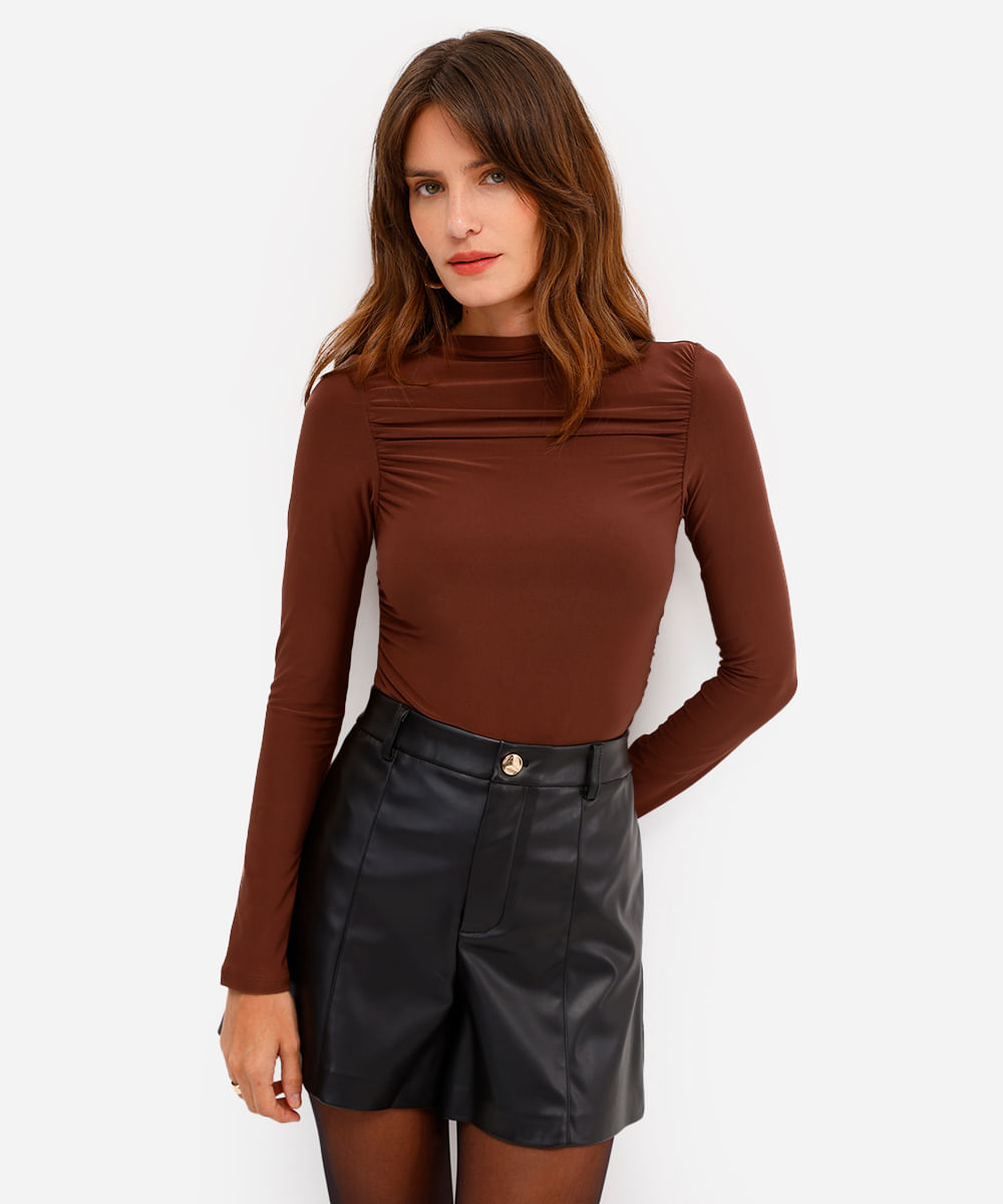 blusa feminina manga longa franzida marrom