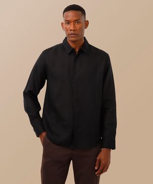 camisa comfort de linho manga longa preta