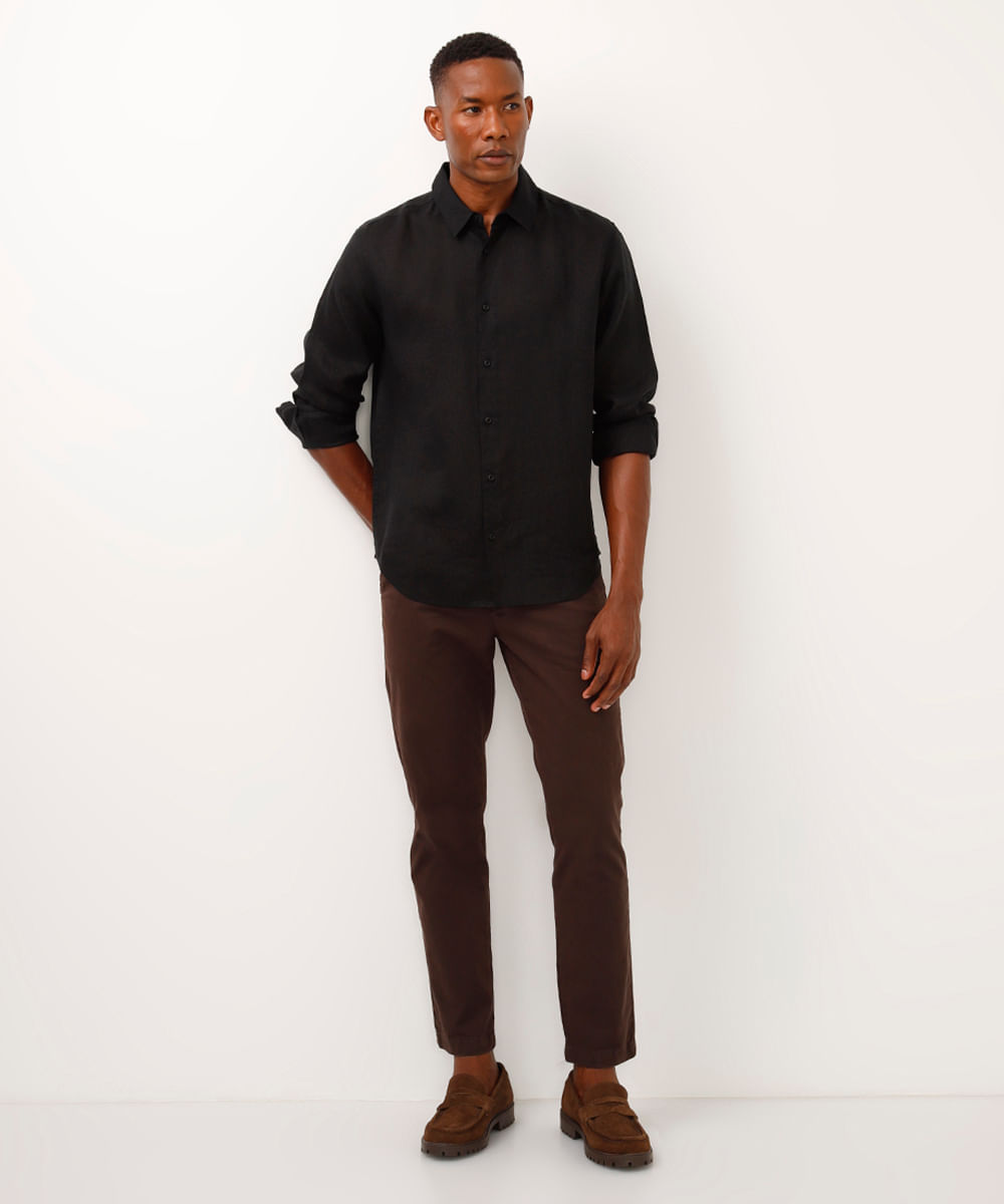 camisa comfort de linho manga longa preta