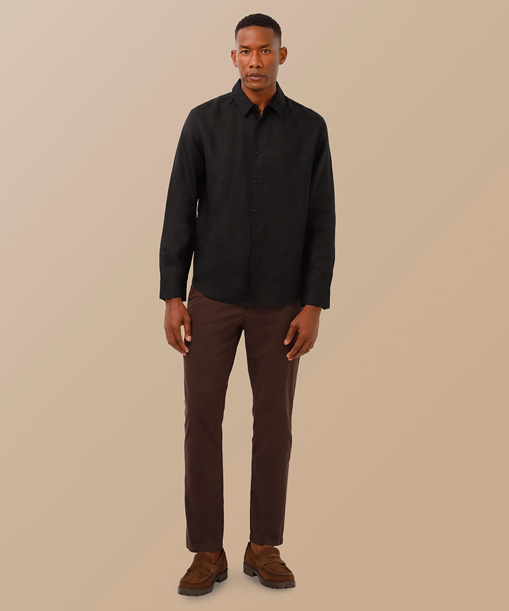 camisa comfort de linho manga longa preta