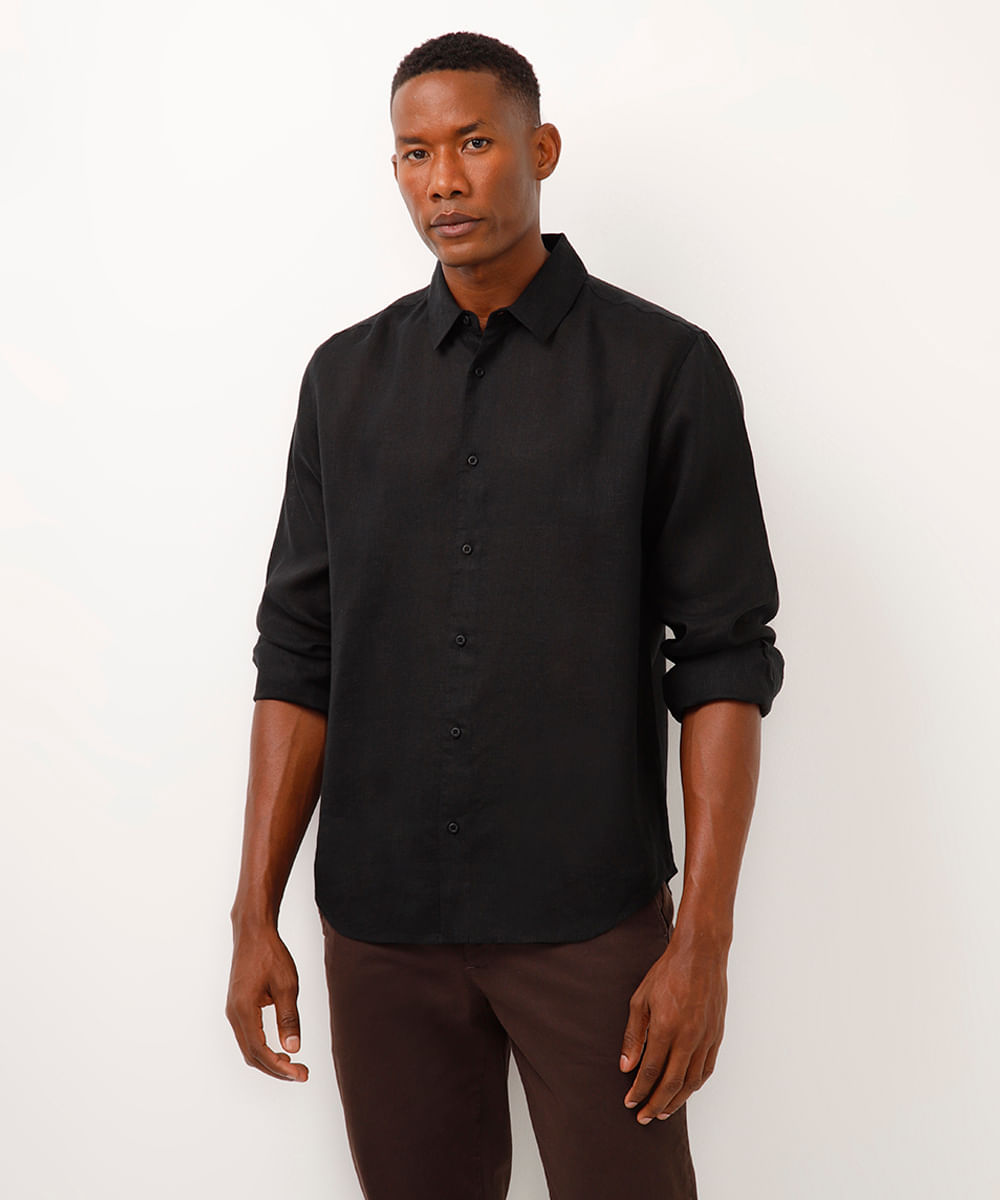 camisa comfort de linho manga longa preta