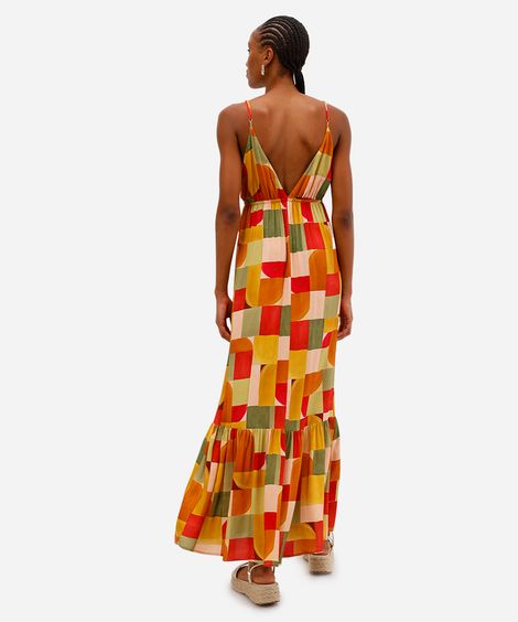 vestido longo feminino de viscose decote v geométrico vivi olimo amarelo