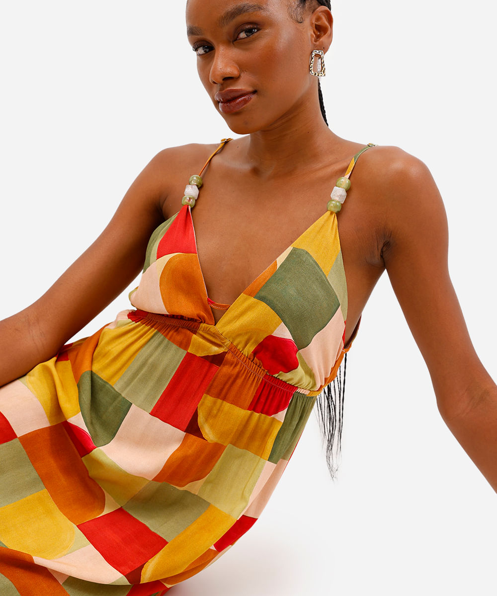 vestido longo feminino de viscose decote v geométrico vivi olimo amarelo