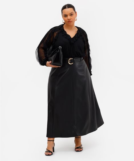 saia midi feminina de poliuretano com cinto plus size preta