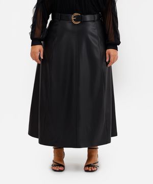 saia midi feminina de poliuretano com cinto plus size preta
