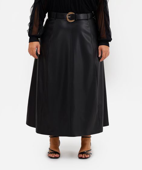 saia midi feminina de poliuretano com cinto plus size preta