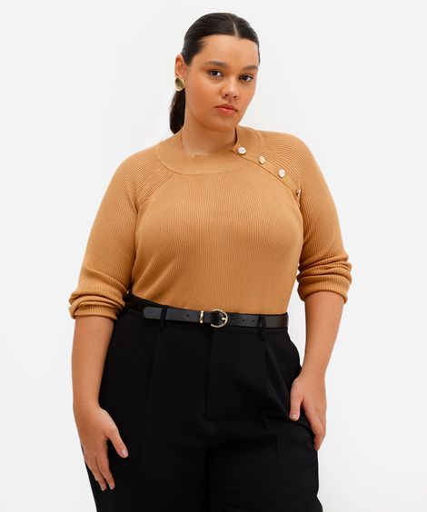 suéter feminino de tricot canelado com botões plus size bege