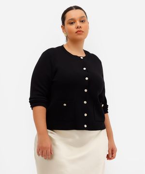 cardigan feminino de tricot com botão texturizado  plus size preto