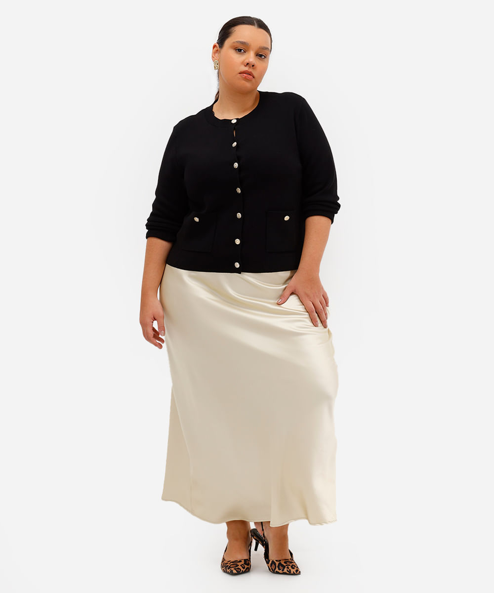 cardigan feminino de tricot com botão texturizado  plus size preto