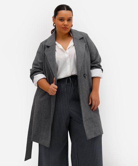 trench coat feminino texturizado plus size cinza