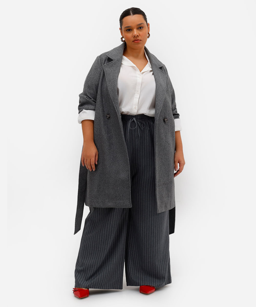 trench coat feminino texturizado plus size cinza