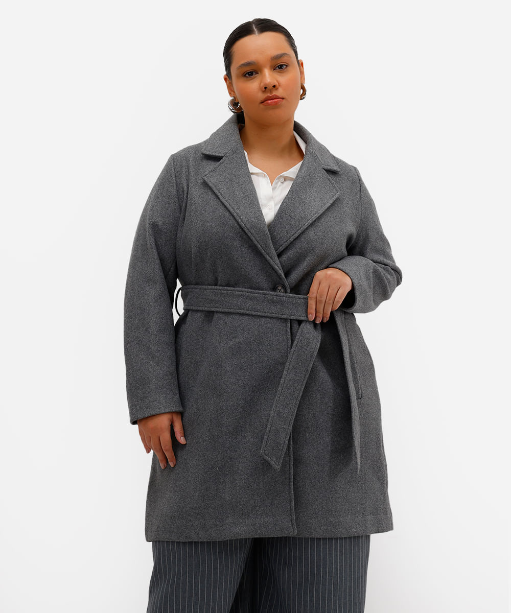 trench coat feminino texturizado plus size cinza