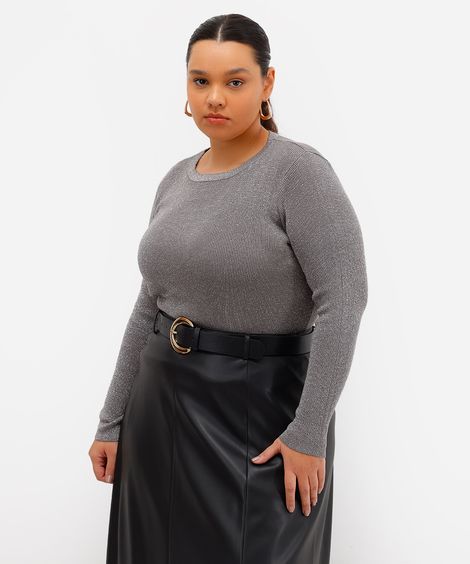 suéter feminino de tricot com lurex canelado plus size cinza