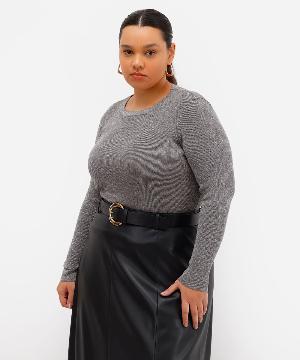 suéter feminino de tricot com lurex canelado plus size cinza