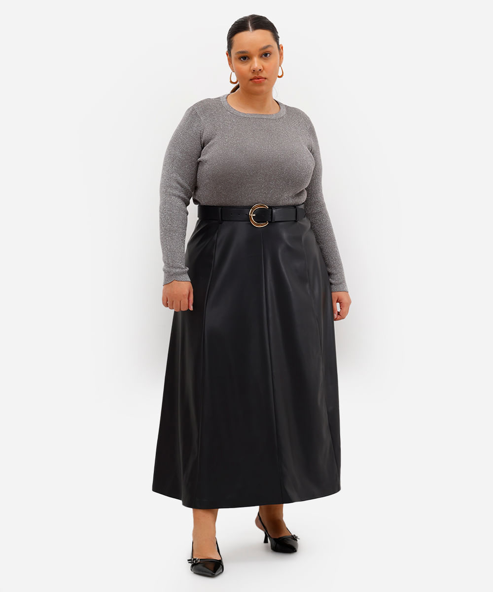 suéter feminino de tricot com lurex canelado plus size cinza